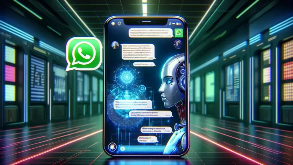 AI - robot dentro lo schermo di uno smartphone con l'app WhatsApp aperta